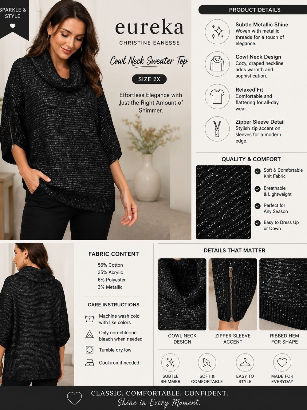 Cowl Neck Sweater Top - Black with Subtle Metallic Shine